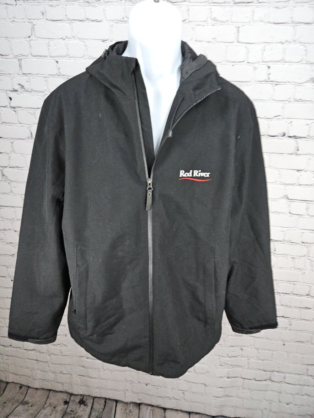 NWD Port Authority Black Hooded Full Zip Lined Jacket Red River Logo Men's L